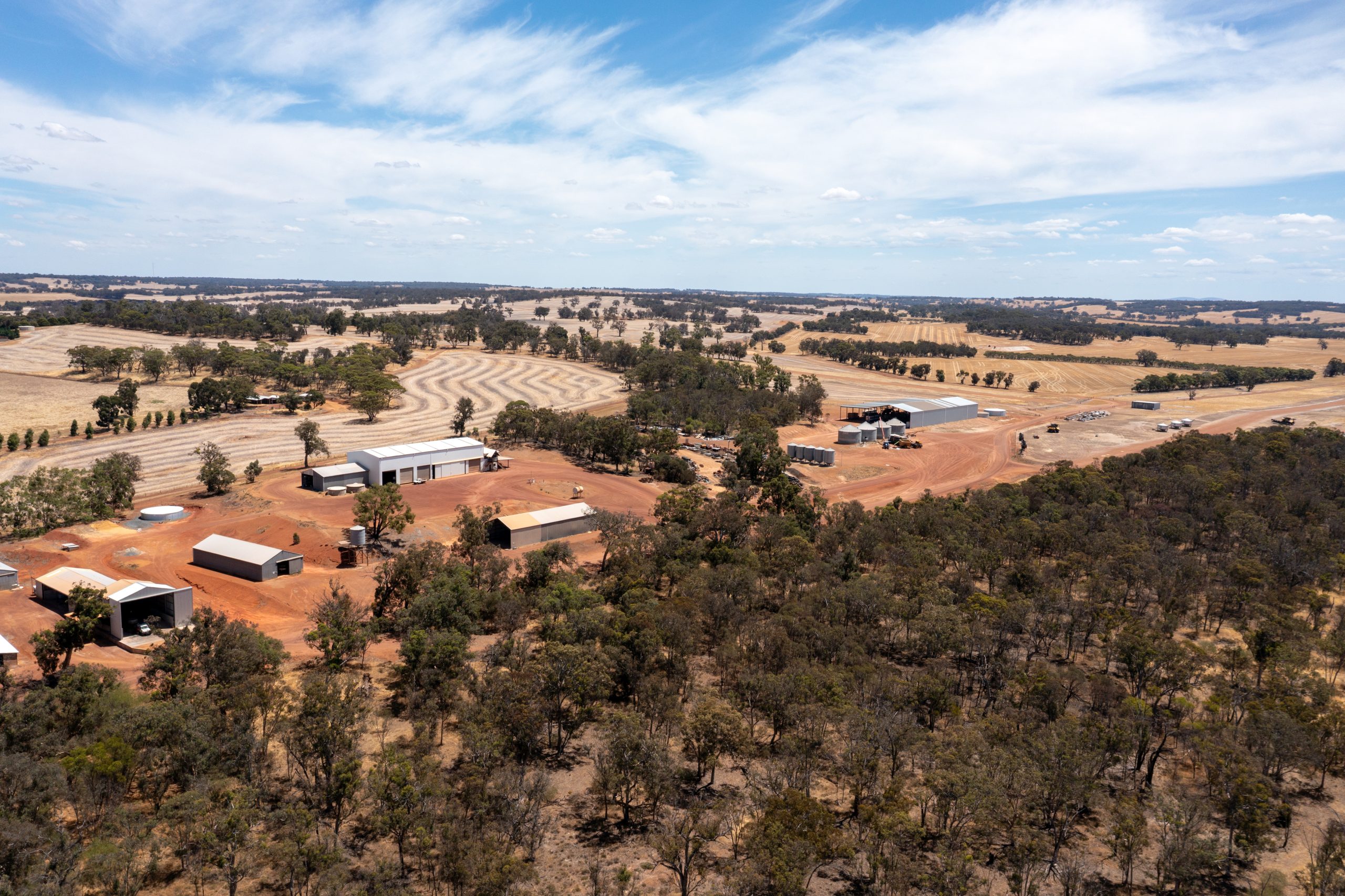 Aerial View from farm, wheat field and bush in the Wheatbelt. Near Williams, Western Australia, Australia